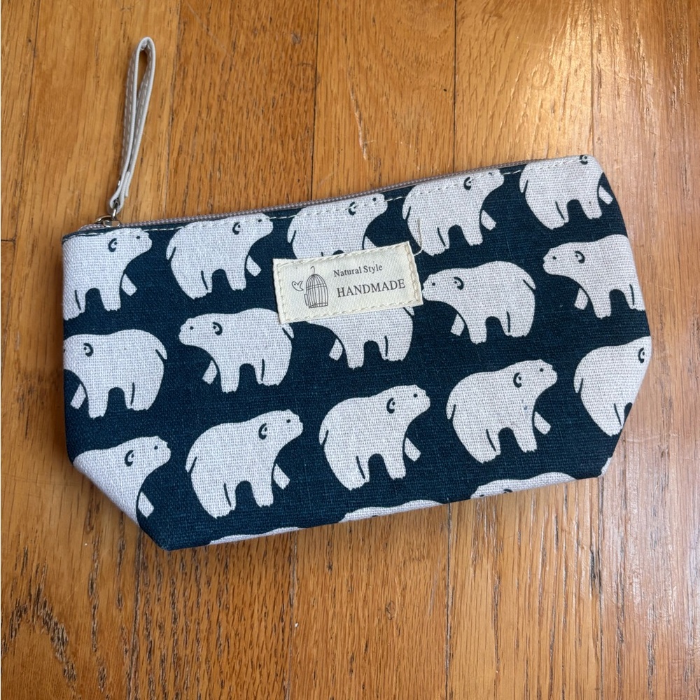 Polar Bear Animal Block Print Navy Blue Compact Makeup Bag